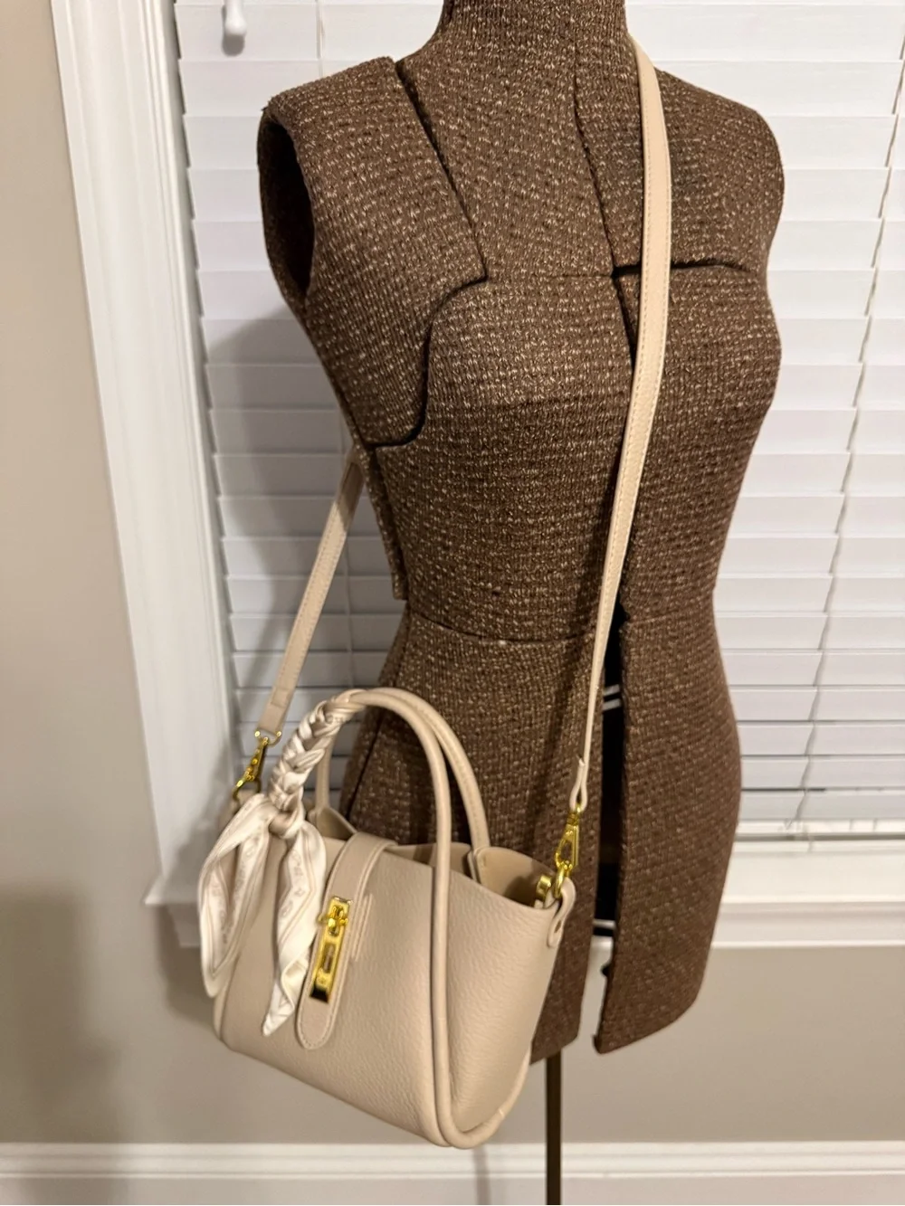 Cream Pebbled Leather Top-Handle Satchel with Scarf Accent